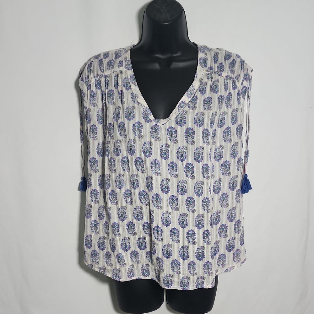 Anthropologie Ivory and Blue Patterned Blouse